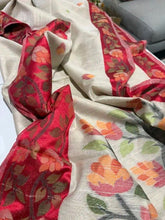 Semi Tussar Jamdani Saree Ð Beige Red Floral Festive Wear, S10885 - Saree - Aakritee - S10885